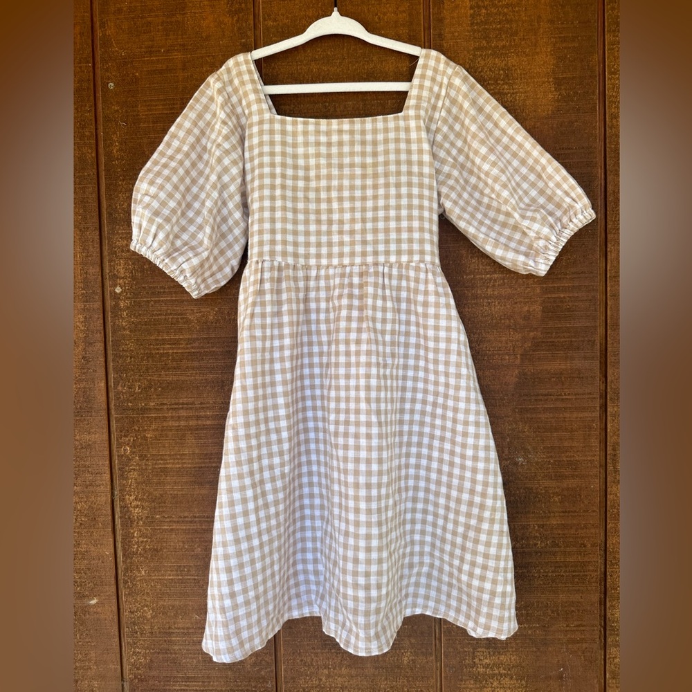 Little cottonwood tan gingham dress for girls